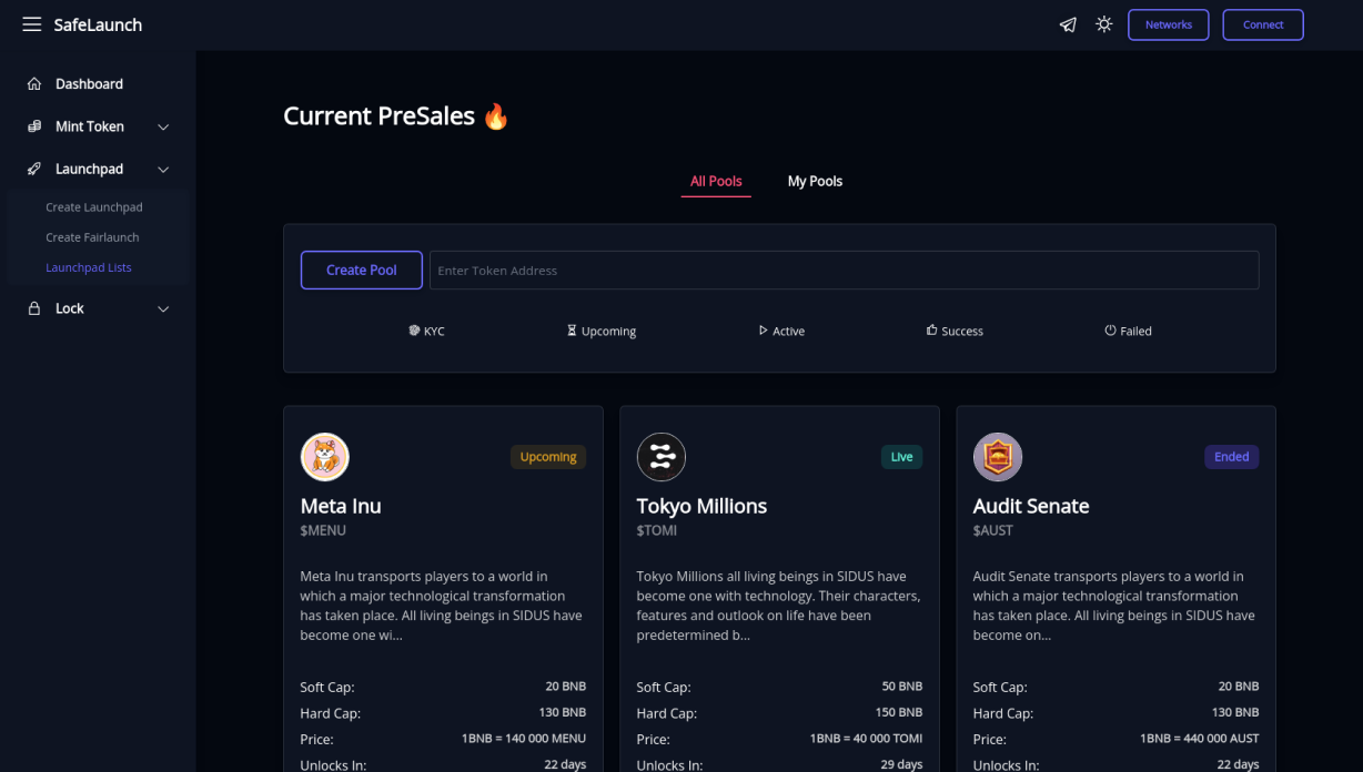snapshot showing dashboard on dotlaunch, a crypto launchpad on cronos-chain, best crypto launchpad